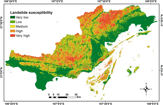 A heat map of the Quang Ninh Province of Vietnam presents the landslide susceptibility of the different regions. Most regions are exposed to medium to very-high landslide susceptibility.