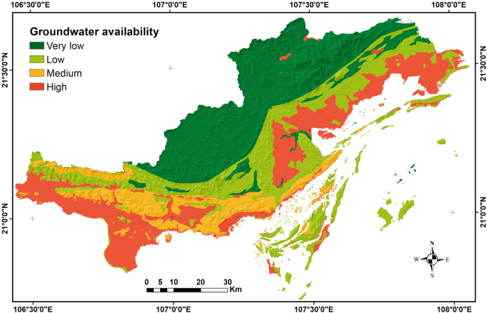 A heat map of the Quang Ninh Province of Vietnam presents the groundwater availability of the different regions. The water availability is divided into 4 categories, very low, low, medium, and high. A major area of the province has very low groundwater availability.