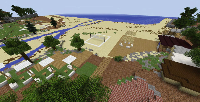 An illustration of the interface of the Minecraft game represents buildings, trees, blocks in the garden, and a volleyball court near a sea beach.