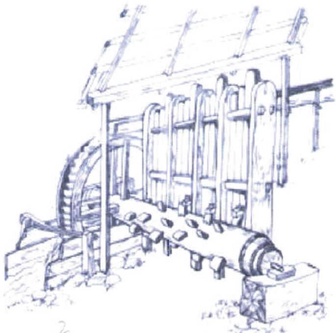 A sketch of a hydraulic stamp mill. It has a giant wheel.