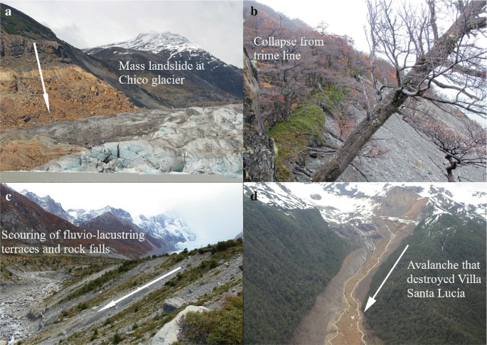 A, B, C, and D are close-ups of a mass landslide at Chico glacier, the collapse of a tree from trime line, the scouring of fluvial-lacustrine terraces and rock falls, and the avalanche that destroyed Villa Santa Lucia, respectively.