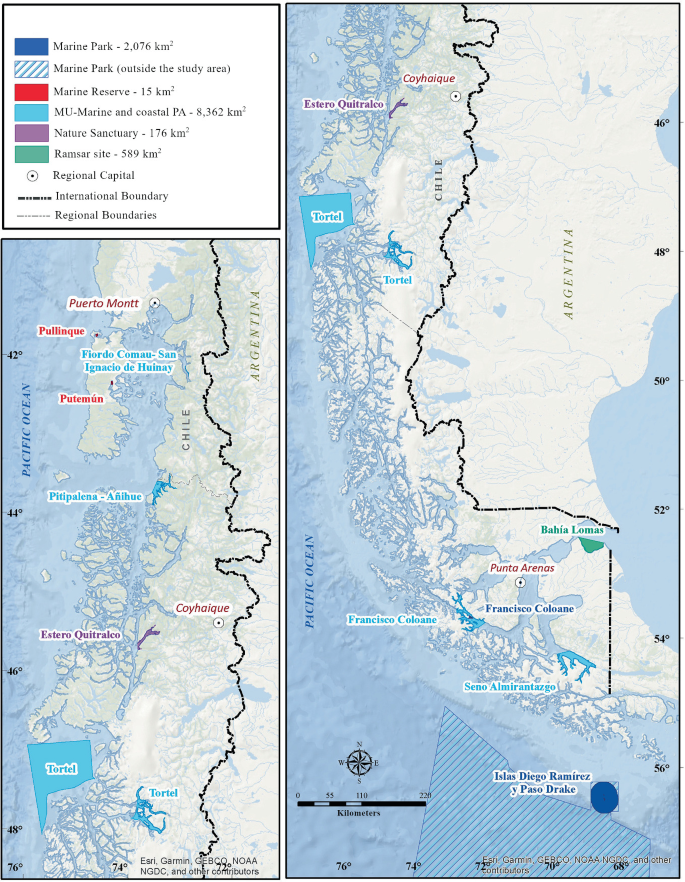 Two maps of Patagonia highlight the marine park, marine park outside the study area, marine reserve, M U marine, and coastal P A, nature sanctuary, Ramsar site, regional capital, international boundary, and regional boundary.