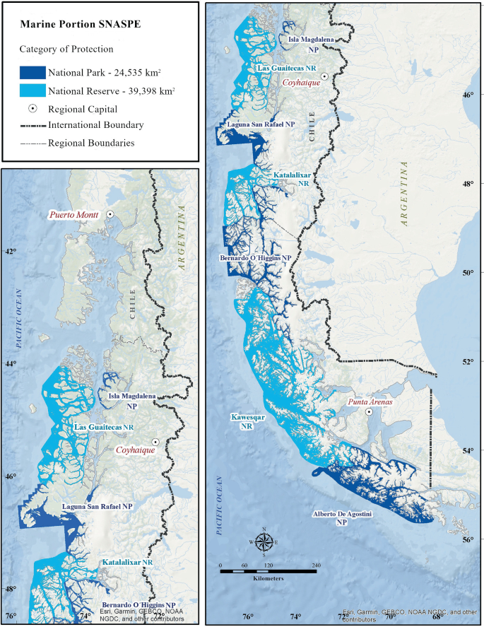 Two maps of Patagonia highlight the marine portion S N A S P E along with the category of protection as follows. National Park, national reserve, regional capital, and international and regional boundaries.