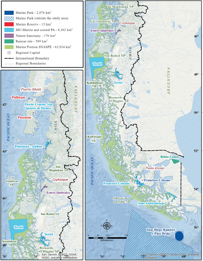 Two maps of Patagonia highlight the marine park, marine park outside the study area, marine reserve, M U marine and coastal P A, nature sanctuary, Ramsar site, marine portion S N A S P E, regional capital, international boundary, and regional boundaries.