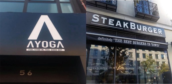 A set of 2 photographs of nameboards on storefronts. The board on the left has text that reads, Ayoga, feel good in, feel good out. The board on the right reads, steak burger, the house of premium beef, definitely the best burgers in town.