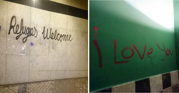 A set of 2 photographs of graffiti writing on walls. The writing on the left reads, refugees welcome. The writing on the right reads, I love you.