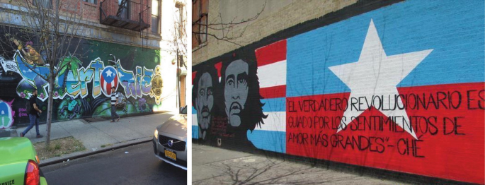 2 photos of graffiti art and slogans on outer walls of large buildings. The art on the left has text in a foreign language with the Cuban flag The art on the right has the Cuban flag and text in a foreign language written over it. A painting of Che Guevera and Ayatollah Khomeini are alongside it.