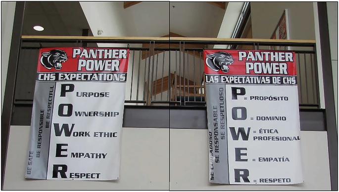 A photo of 2 posters hung from a balcony. The poster on the left is titled Panther Power, C H S expectations. An acrostic for the word Power is featured. On the left, a slogan reads, be safe, be responsible, be respectful. The poster on the right has a translation of the same in a foreign language.