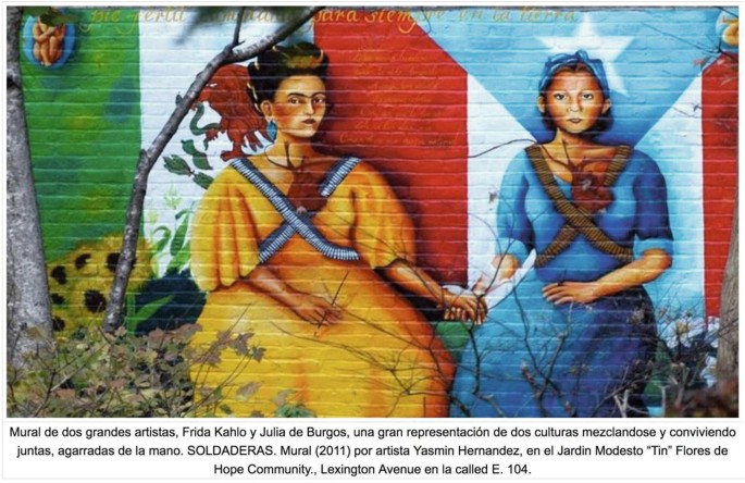 A photograph of the wall with a sketch of Frida Kahlo and Julia de Burgo, in a gradient of colors.