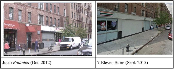 2 photographs of the Justo Botanico Building captured in October 2012 and of the 7-Eleven store captured in September 2015.