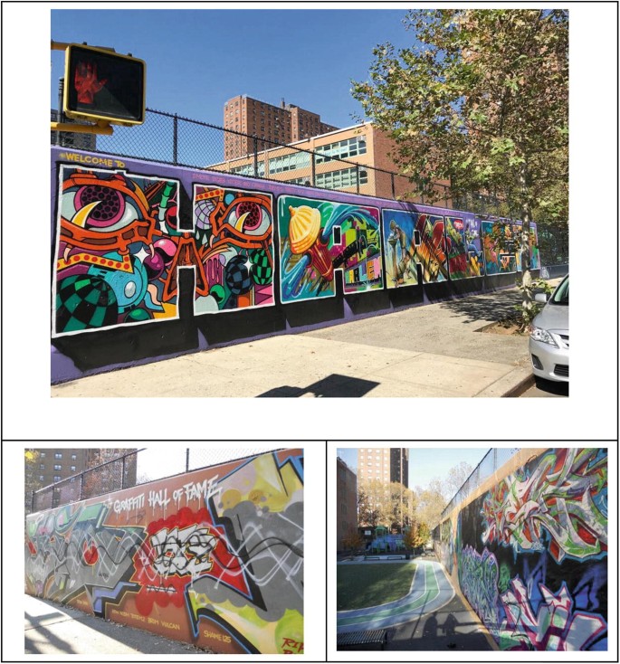 Three photographs present the outside and inside walls of the building decorated with abstract art. A massive building is in the background.