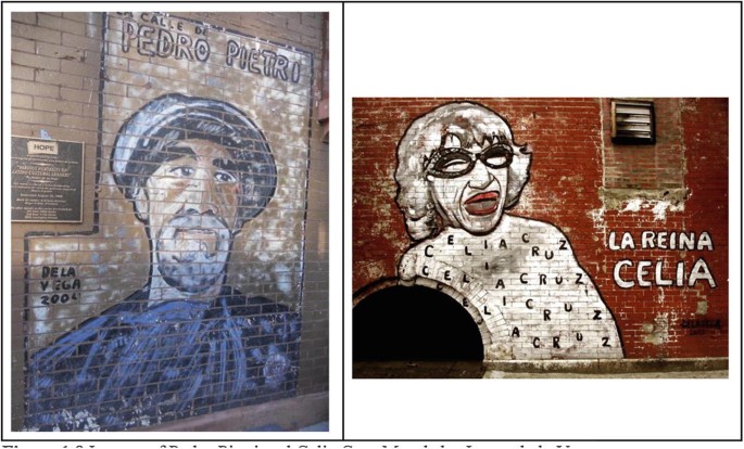 2 photographs. On the left, there is a brick wall with a sketch of Pedro Pietri, and on the right, there is a sketch of Lareina Celia on the brick wall.