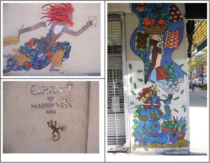 3 photos. On the top left, the wall displays a sketch of a man with a bow and arrow and a fire lamp. On the right, the wall displays a sketch of a woman carrying a basket of fruits on her head. On the bottom left, the wall displays a sketch of a lizard with some text written above it.
