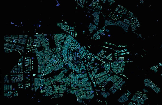 An aerial view of residential buildings indicates the mapping of copper availability in Amsterdam.