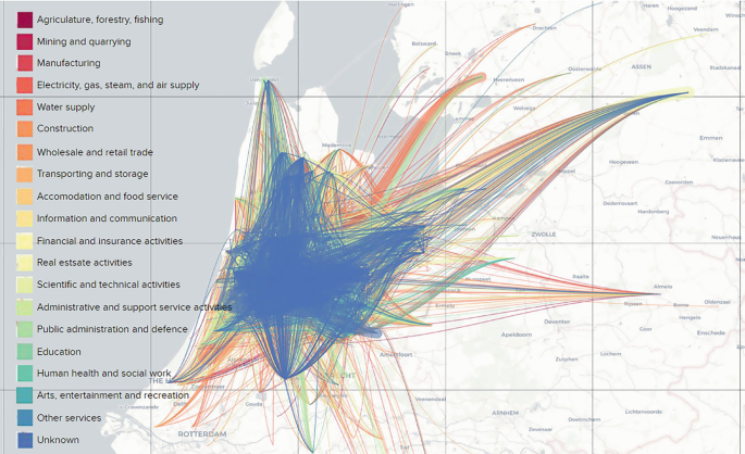 A screenshot of the G D S E platform's results plots the spatial data of waste flows in Amsterdam, using a network of lines to represent the flow of waste from agriculture, mining, manufacturing, and unknown sources.