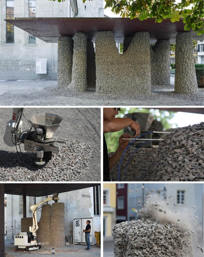 5 photographs of the fabrication of J A S, a concrete pump, compacting layers, a robot fabricating the gravel aggregates, and a blast in the fabricated aggregates.