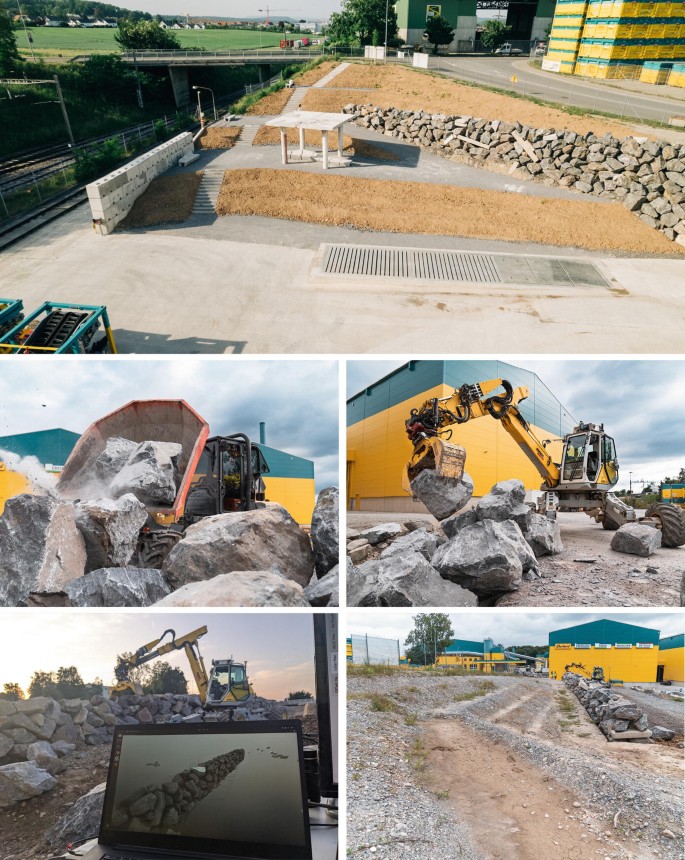 5 photographs resemble the construction site of a landscape park, the building of a bridge using bulk masonry, and the excavator arranging the stones to build a stone bridge.