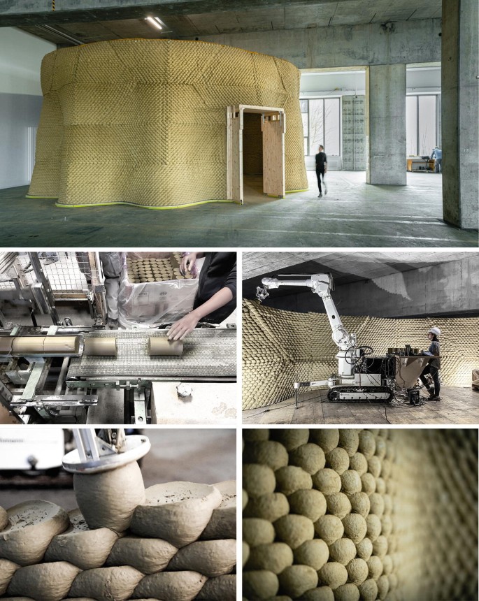 5 photographs of the clay rotunda, cutting the clay into a cylindrical structure, the robot fabricating the two-story structure using clay, and a zoomed-in view of the fabricated wall that has a bubbled surface structure.