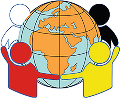 A logo of the International Street Festival. It has a globe with stick figures of different colors holding hands around it.