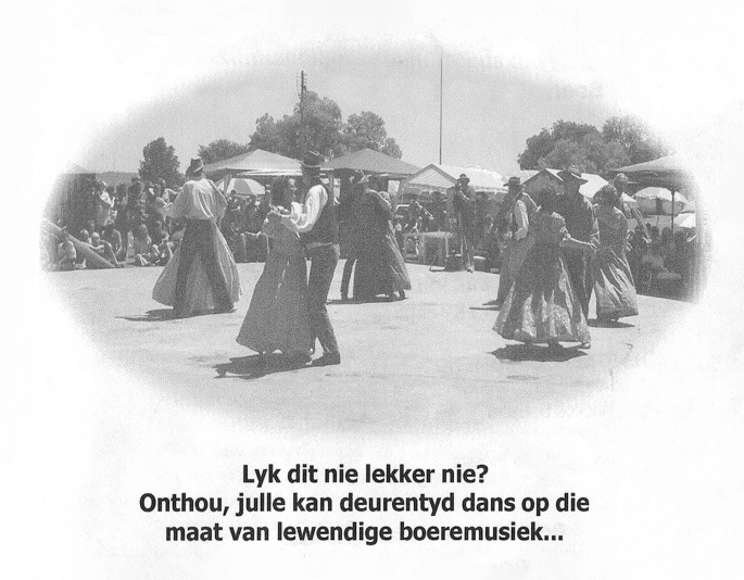 A vintage photo with an oval outline. It has a few couples waltzing in an outdoor space. A large group of people are gathered around them seated on the ground and within small tent canopies. A few lines of text in a foreign language is below the oval outline.
