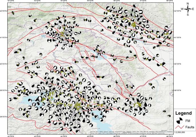 A schematic map of epicenters and focal mechanisms. The legends are F M and faults. The majority of the F M are marked in the southwest regions.