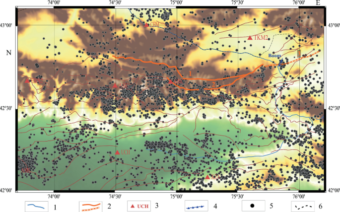 A map of the Bishkek Geodynamic Polygon. It has the legends of rivers, faults, seismic stations, boom profiles, seismic events, and the border of the Kyrgyz Republic. The majority of the regions are covered by seismic events for the period from 1994 to 2020.