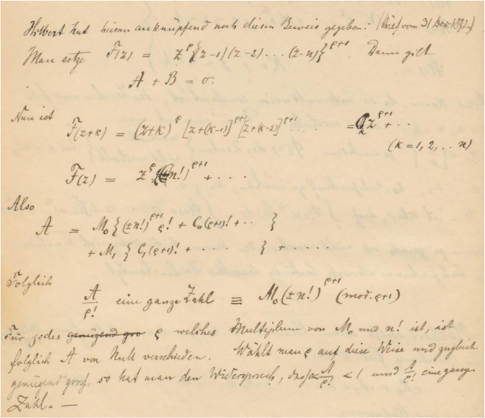A handwritten text from Hurwitz's diary with a brief sketch of Hilberts's reasoning.