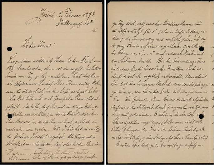 A handwritten text of 2 pages letter sent from Adolf Hurwitz to David Hilbert.