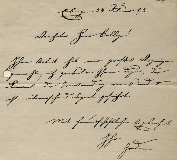 A handwritten letter from Paul Gordan to David Hilbert.