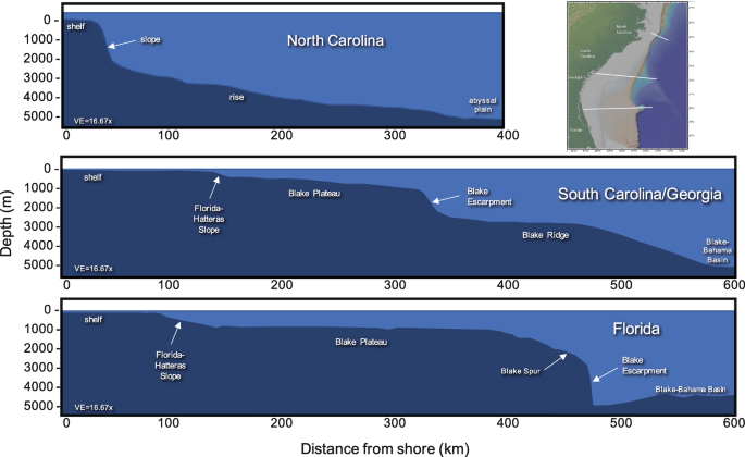 3 depth profile graphs of North Carolina, South Carolina or Georgia, and Florida plots depth versus distance from shore. 1 plots the shelf, slope, rise, and abyssal plain. 2 and 3 plots the shelf, Florida with hatter as slope, Blake plateau, escarpment, and more. An inset map locates the study area.