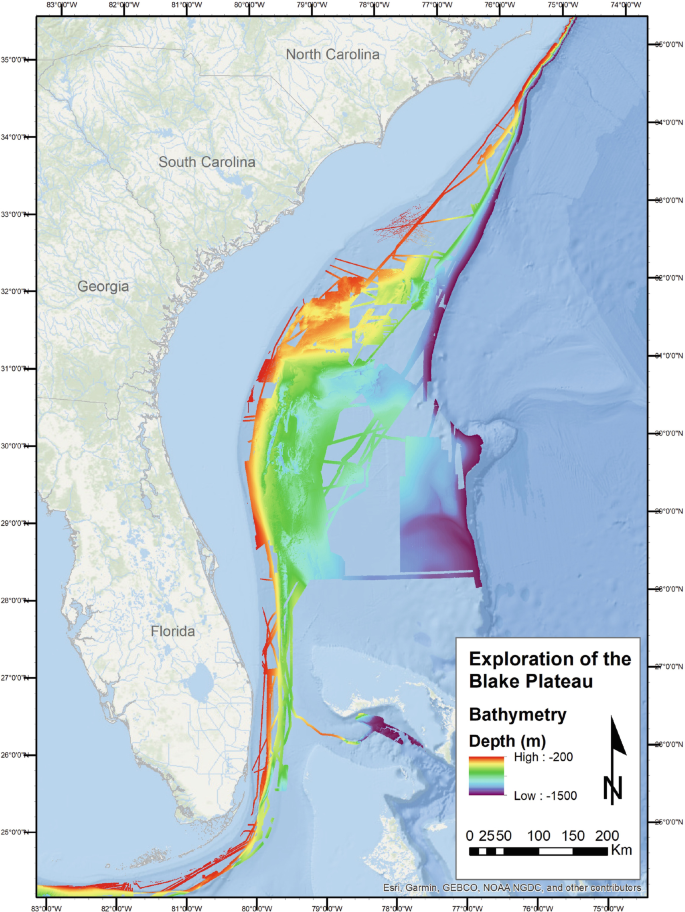 An enlarged topographic map of the Southeastern U S, from North Carolina to Florida. It highlights the bathymetry depth in meters using different shades. The shade for the highest value is near the coast.