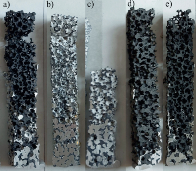5 photographs of the ceramic foam filters under immersion testing. The filters are coated with A l 2 O 3, M g A l 2 O 4, M g O, and C N T. The surface of the filter has a porous structure.