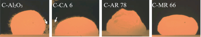 4 photographs are labeled C A l 2 O 3, C C A 6, C A R 78, and C M R 66. They represent iron images on carbon bonded substrates. C M R 66 has a more rounded substrate than others.
