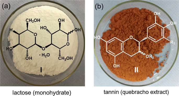 Two photos of lactose or monohydrate and tannin or quebracho extract, with overlaid chemical structures of the same.