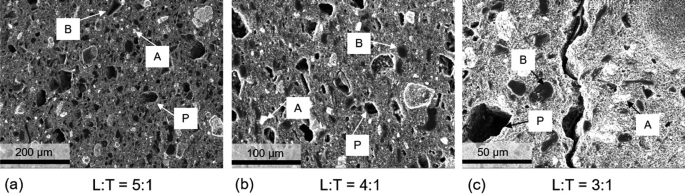 3 scanning electron micrographs of pitch-free L T-based compact specimens at different L T ratios of 5 to 1, 4 to 1, and 3 to 1. Each highlights alumina particles labeled A, isolated carbonaceous bonding aggregates labeled B, and pores labeled P.