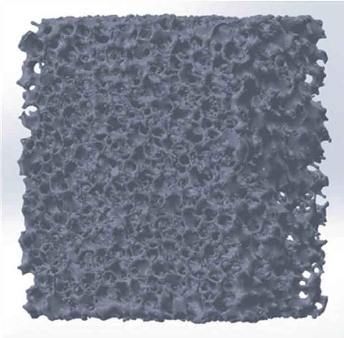 An illustration of a cuboidal data set of a ceramic foam with irregular surface with pores.