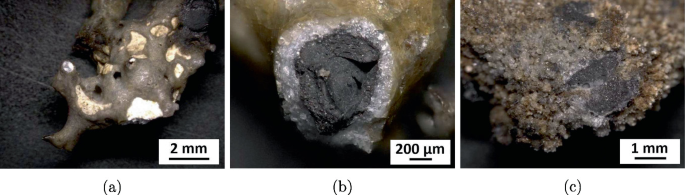 3 Photos of digital light micrographs of strut samples from contact zones 1, 2, and 3 of the 0 c-C D S filter at 2, 200, and 1 millimeters with slag deposited on its surface.