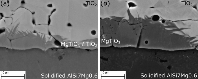 2 illustrations. A. A S E M micrograph illustrates the interaction zone of molten A L S i 7 M g 0.6 alloy and rutile coating for 60 minutes. B. A S E M micrograph illustrates the interaction zone of molten A L S i 7 M g 0.6 alloy and rutile coating for 300 minutes at 750 degrees Celsius. Several cracks and openings are illustrated.
