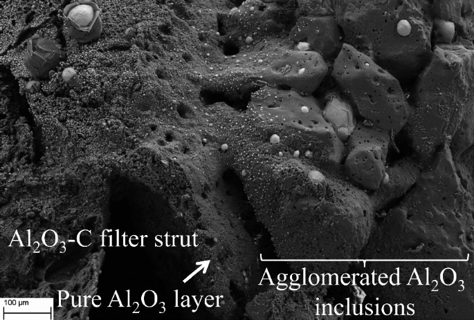 A S E M micrograph highlights the pure layer of A L 2 O 3, agglomerated A L 2 O 3 inclusions, and the A L 2 O 3 C filter strut.