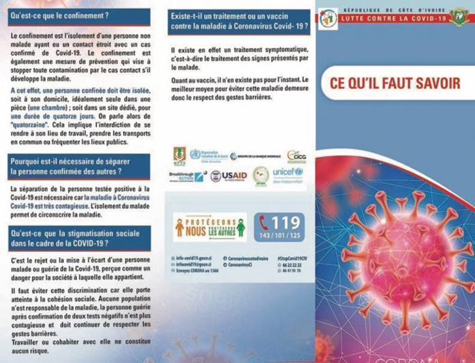 A poster promoting the prevention measures of COVID-19 includes the graphics of Coronavirus. There are logos of U S A I D, breakthrough action, and unicef. The text is in a foreign language.