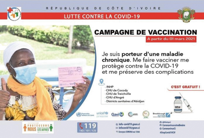 A brochure addressing misinformation collected about COVID-19 includes a photo of a community leader holding a verified document and giving a thumbs up. There are logos of UNICEF, Gavi, and others. The text is in a foreign language.