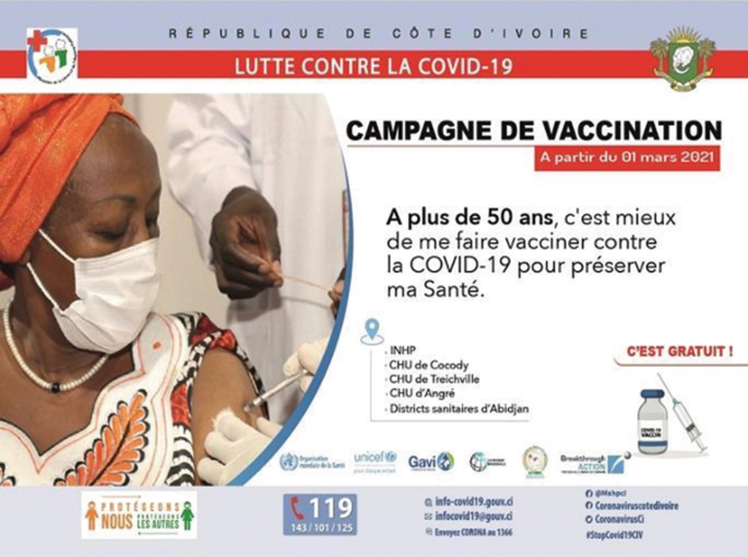 An advertisement promoting the vaccination of COVID-19 includes a photo of a community leader getting vaccinated. There are logos of U N I C E F, Gavi, and others. The text is in a foreign language.
