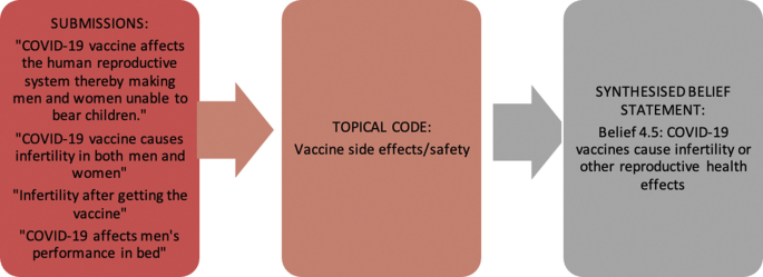 A flow diagram. Submissions lead to topical code which further leads to a synthesized belief statement that reads, COVID-19 vaccines cause infertility or other reproductive health effects. Submissions include infertility after getting the vaccine, and COVID-19 affects the performance of men in bed.
