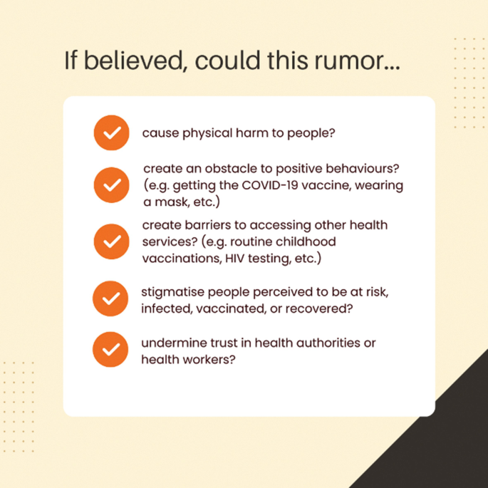 A set of questions. If believed, could this rumor, cause physical harm to people? create an obstacle to positive behaviors? create barriers to accessing other health services? stigmatize people perceived to be risk, infected, vaccinated, or recovered? and undermine trust in health authorities?