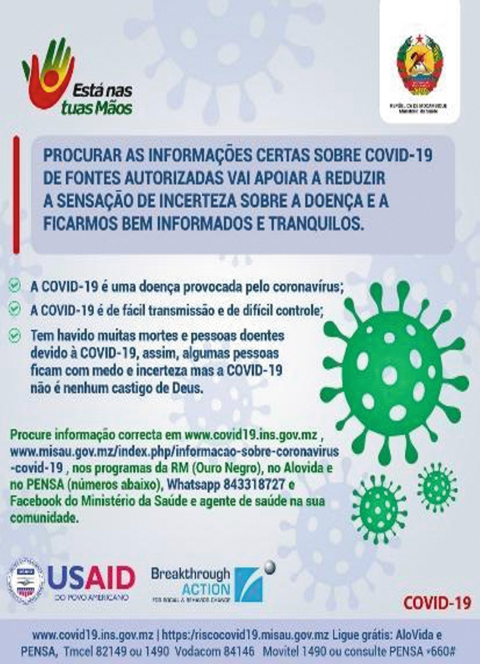 A communication material addressing COVID-19 includes the graphics of coronavirus. Below, there are logos of U S A I D, breakthrough action, and others. The text is in a foreign language.