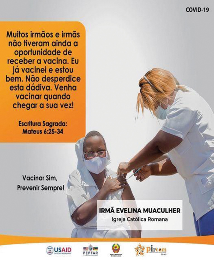 An advertisement promoting the vaccination of Carona. A nurse is injecting the vaccine into another person, and both are wearing masks. The text is in a foreign language.
