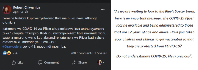 A tweet from Robert Chiwamba has a text in a foreign language. On the right, the text begins with, as we are waiting to lose to the soccer team of the blue, here is an important message. The COVID-19 Pfizer vaccine available and being administrated to those that are 12 years of age and above.