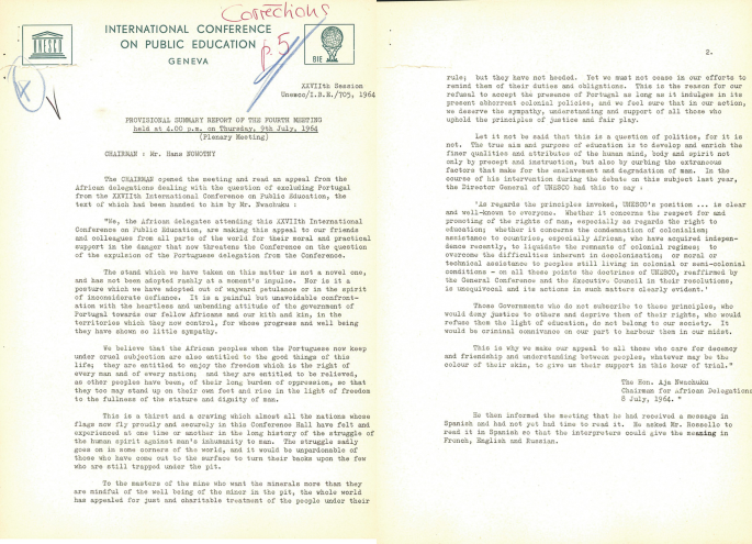 A photograph of the provisional minutes of the 1964 I C P E. The text at the top reads International Conference On Public Education, Geneva.