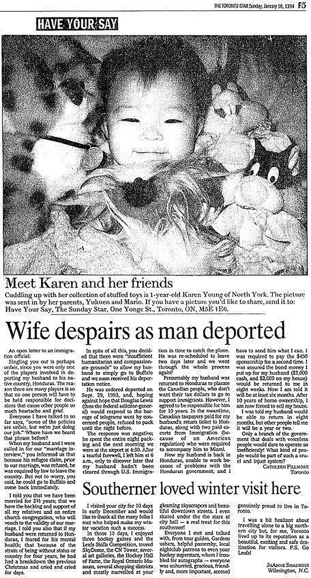 A photograph of a newspaper page depicts a baby posing with stuffed toys. It has 2 more headlines, Wife despairs as man deported and Southerner Loved Winter Visit here.