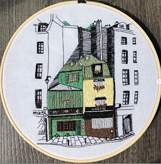 A photograph of a hoop stitch embroidery. It depicts the Rue Galande in Paris.